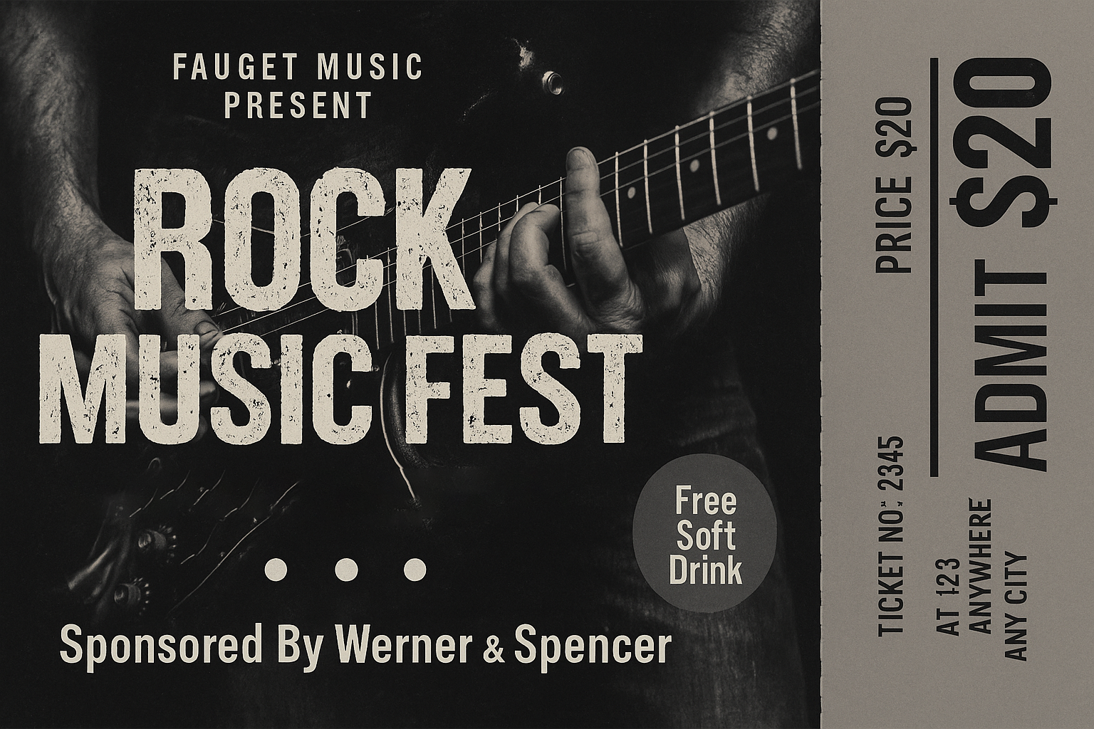 AI-generated Rock Music Fest concert ticket with black and white electric guitar photo, grunge typography, detachable admission stub showing $20 price