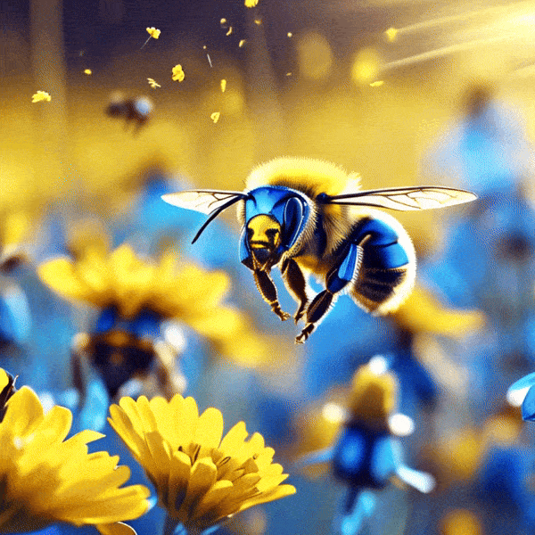 Digital artwork of blue-toned metallic bees hovering over vibrant yellow wildflowers in a sunlit field
