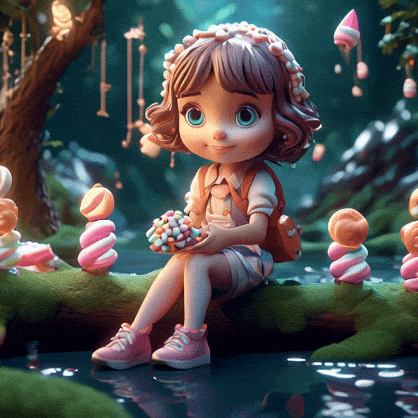 A cute cartoon girl in a Enchanted forest scene featuring a river crossed by a marshmallow candy bridge, trending on ArtStation, sharp focus, studio photo aesthetic, intricate details by Greg Rutkowski, highly detailed, trending on art station, sharp focus, studio