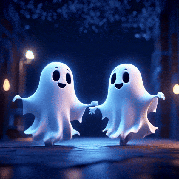 A dancing Couple of cute Ghost, Night Spring ambience, pixar