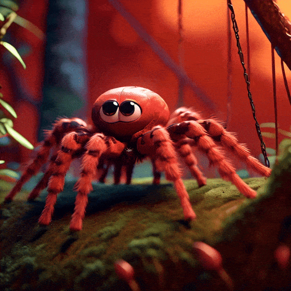 Climbing cute red baby tarantula climbing on web, in enchanted forest, pixar style