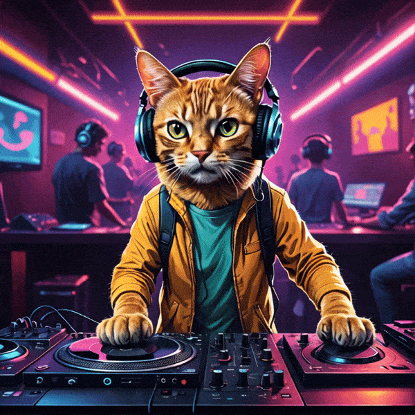 A cat playing dj with headphones on in a club