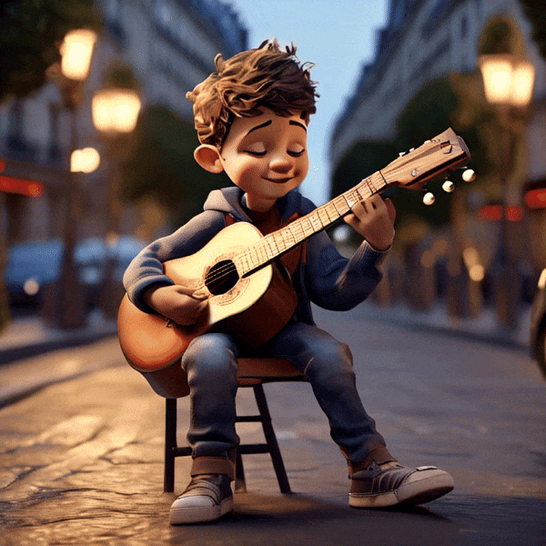 A boy character playing guitar on streets of paris