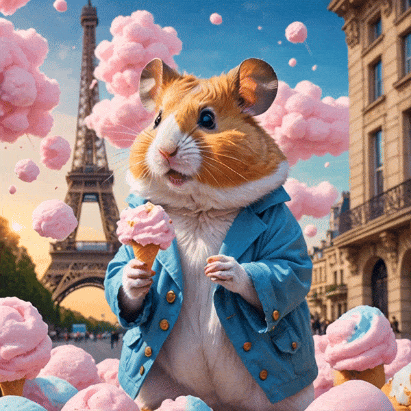Tourist hamster eating cotton candy in Paris