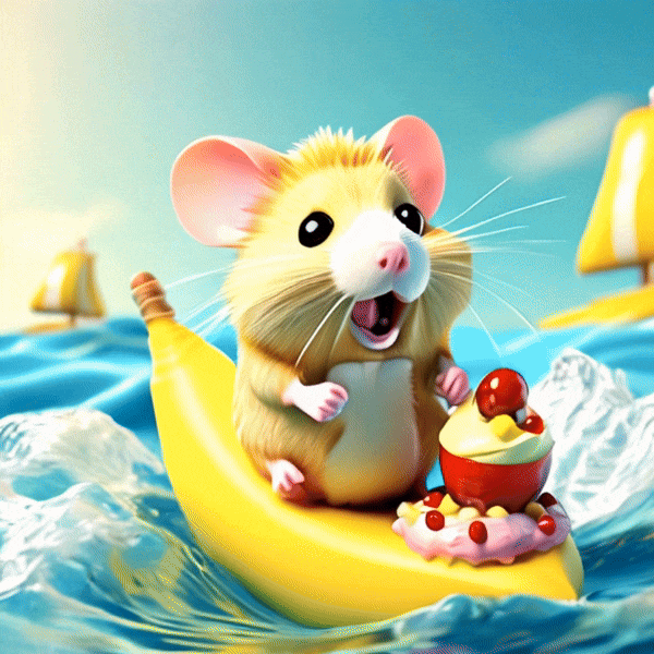 3d cartoon hamster sailing on banana split in creamy ocean