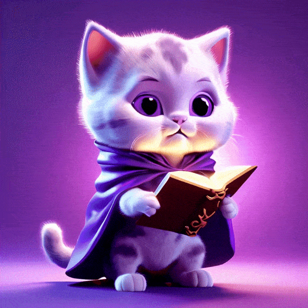 A kitten in a purple cape holds a spell book, fantasy cute