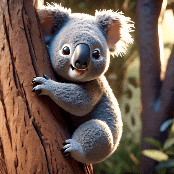 Adorable, Wild Koala Clings to a Tree, pixar style