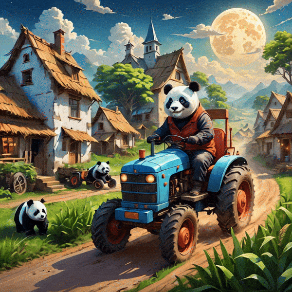 Panda farmer driving a tractor