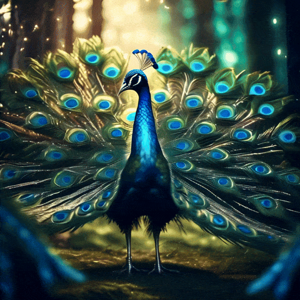 peacock dancing , enchanted forest background, fantasy art style, cinematic sparkling lighting , super detailed
