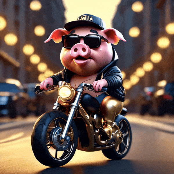 Rapper cartoon pig with black glasses, golden chains riding on a motorcycle tyre rotating on luxury street