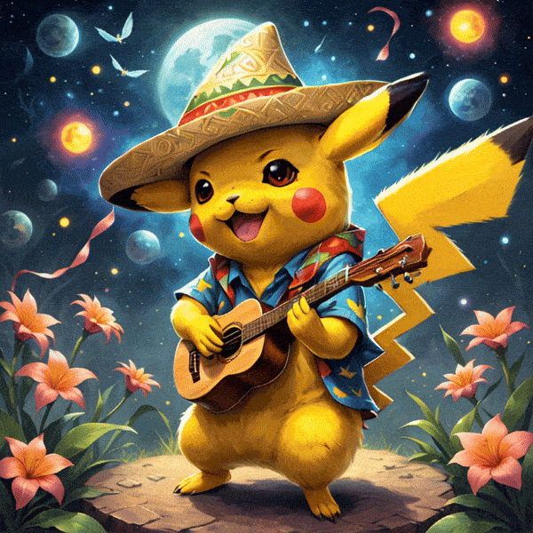 A Pikachu in a red and black checked shirt, wearing a sombrero and playing the ukulele