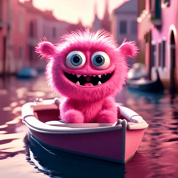 A cute little pink monster enjoying sailing on boat in river between street venice with fluffy fur, big eyes and smiling mouth, in the style of Pixar, high