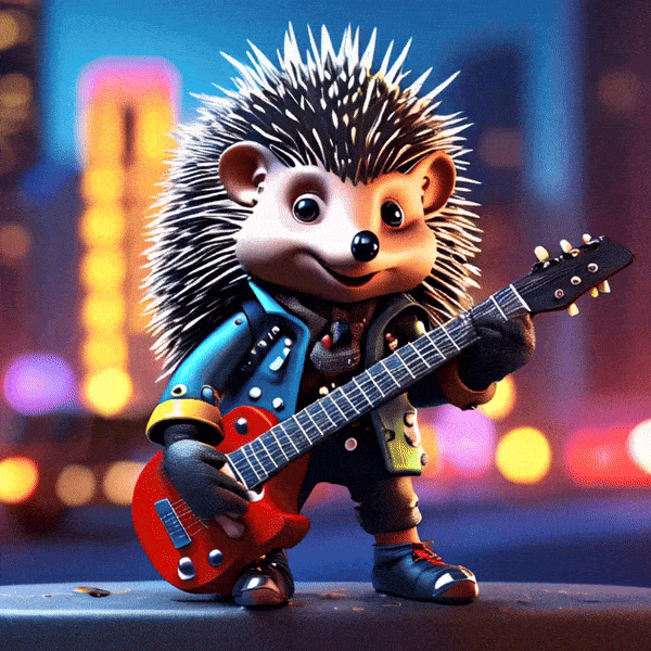 A hedgehog rebel. It sports a mohawk, holding a guitar spiked leather gloves, and a studded collar, embodying the spirit of nonconformity. The tiny, colorful cityscape in the background burns and crumbles as it experiences the hedgehog's rampage. The chaotic blend of urban decay and gritty textures creates the perfect punk atmosphere, reflecting the hedgehog's unyielding rebellion and individuality.
