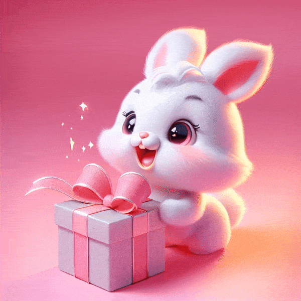 Cute 3D Cartoon rabbit holding a gift character pink cottage background