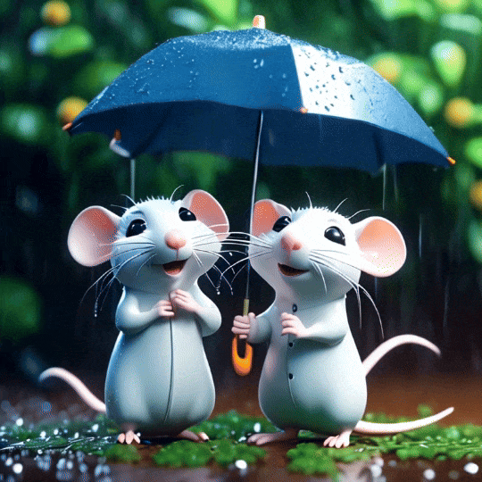Cute white rats cartoon with raincoat holding umbrella under rainfall in garden, 3d render, pixar style