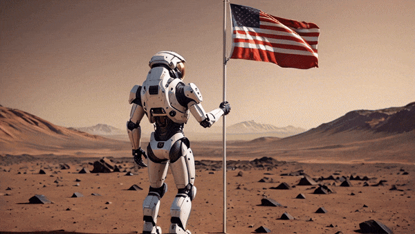 A futuristic man hoisting flag on mars