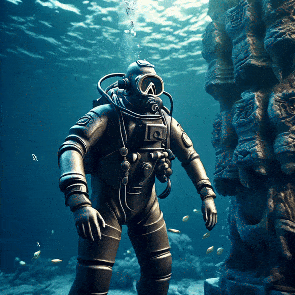 Diver wearing diving suit , diving around an ancient city under sea water, 3d render, hyper realistic