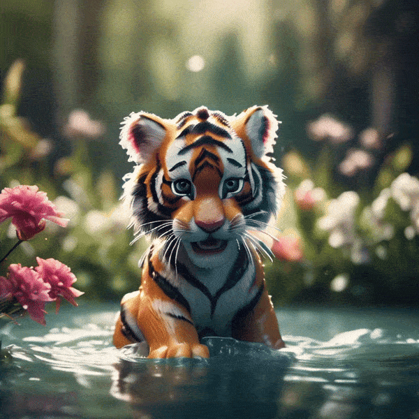 Tiger cub that is playing in the water, surrounded by flowers, forest bg