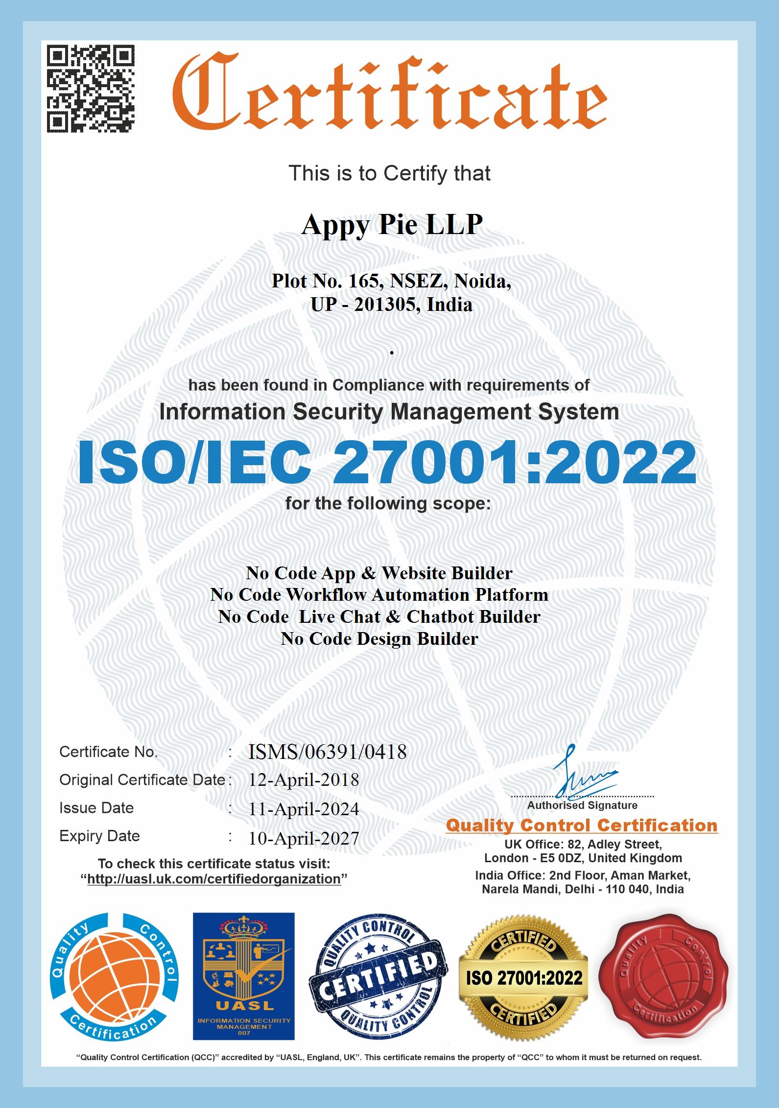Appy Pie LLP ISO Certificates